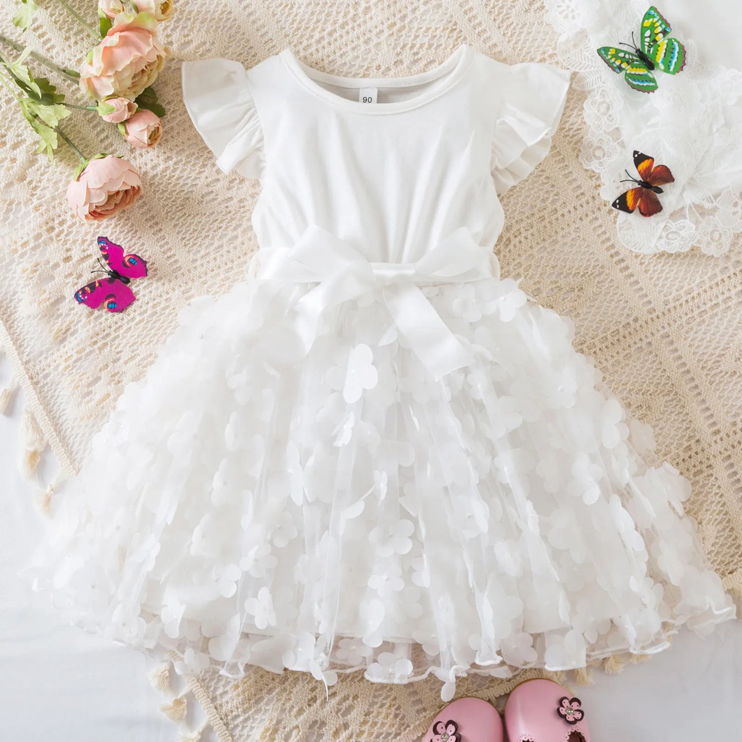 Toddler Baby Girls Clothes Elegant Floral Print Tulle Dress Summer Kids Princess Party Birthday Dress Butterfly Solid Mesh Dress