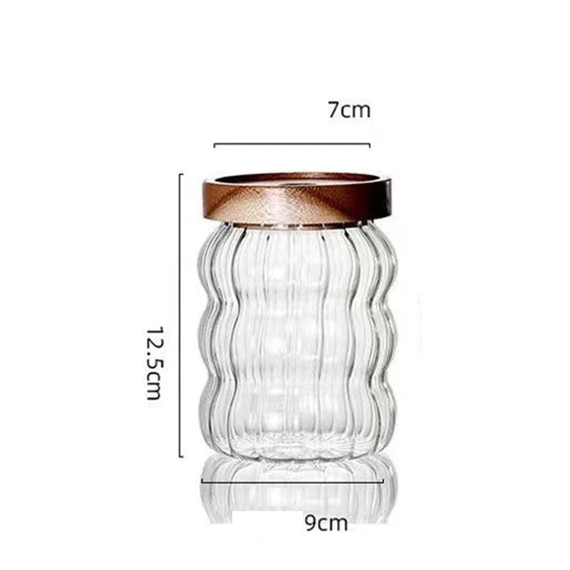 Wood Lid Striped Glass Storage Bottles Sealed Jar Tea Coffee Beans Grains Candy Jars Organizer Kitchen Food Glass Containers - AMULET RING STORE