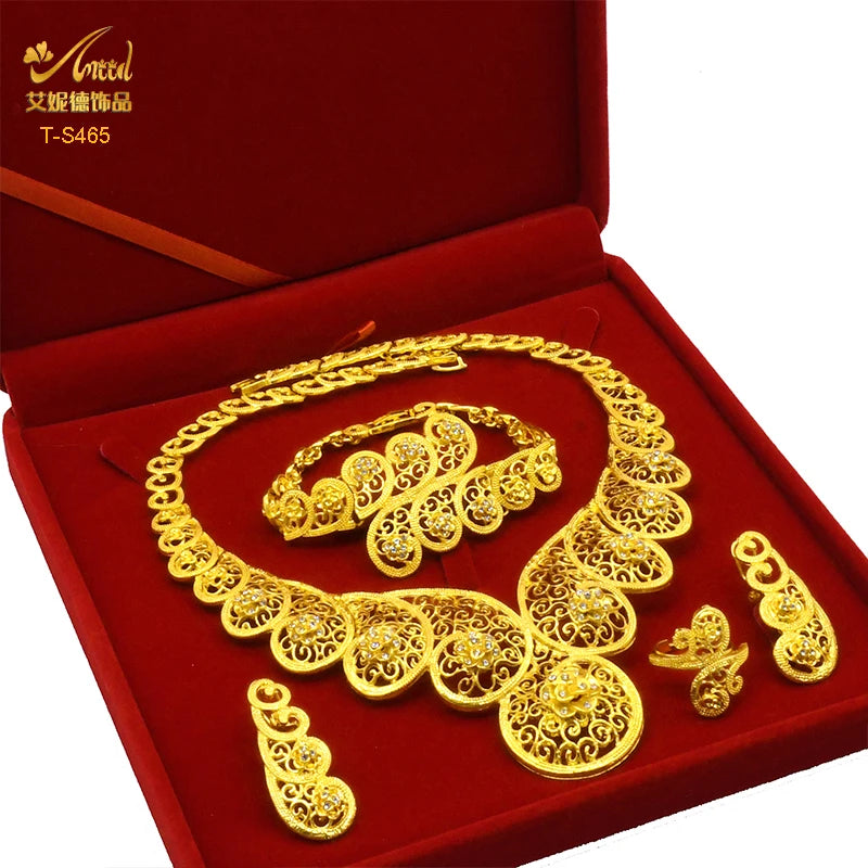 ANIID Dubai Plated Jewelry Set For Women Indian Earring and Necklace Nigeria Moroccan Bridal Accessorie Wedding Bracelet Gifts