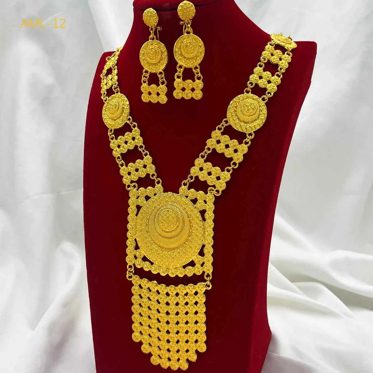 Bridal Indian Necklace Sets 24K Gold Plated Long Pendant For Women Nigeria African Dubai Wedding Earring Jewelry Set Party Gift