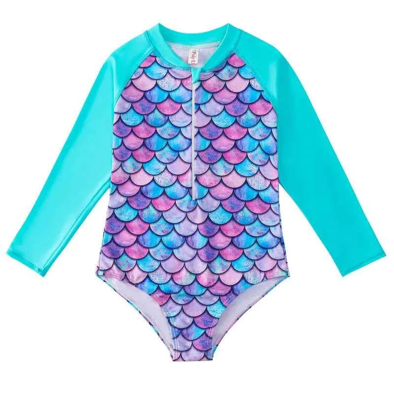 European American Style Mermaid Swimsuit Baby Girls Long Sleeves One-piece Swimsuit Hot Spring Fish Scale Kids Swimsuit 4-12Y - AMULET RING STORE