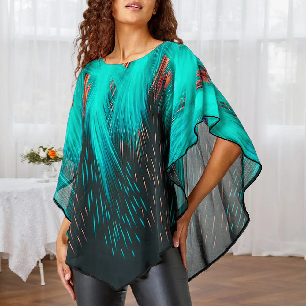 Plus Size Women's Aurora Printed Gauze Cloak Sleeve Blouse Tunic Tops Ladies Summer Casual Loose T Shirts Tee XL 2XL 3XL 4XL 5XL