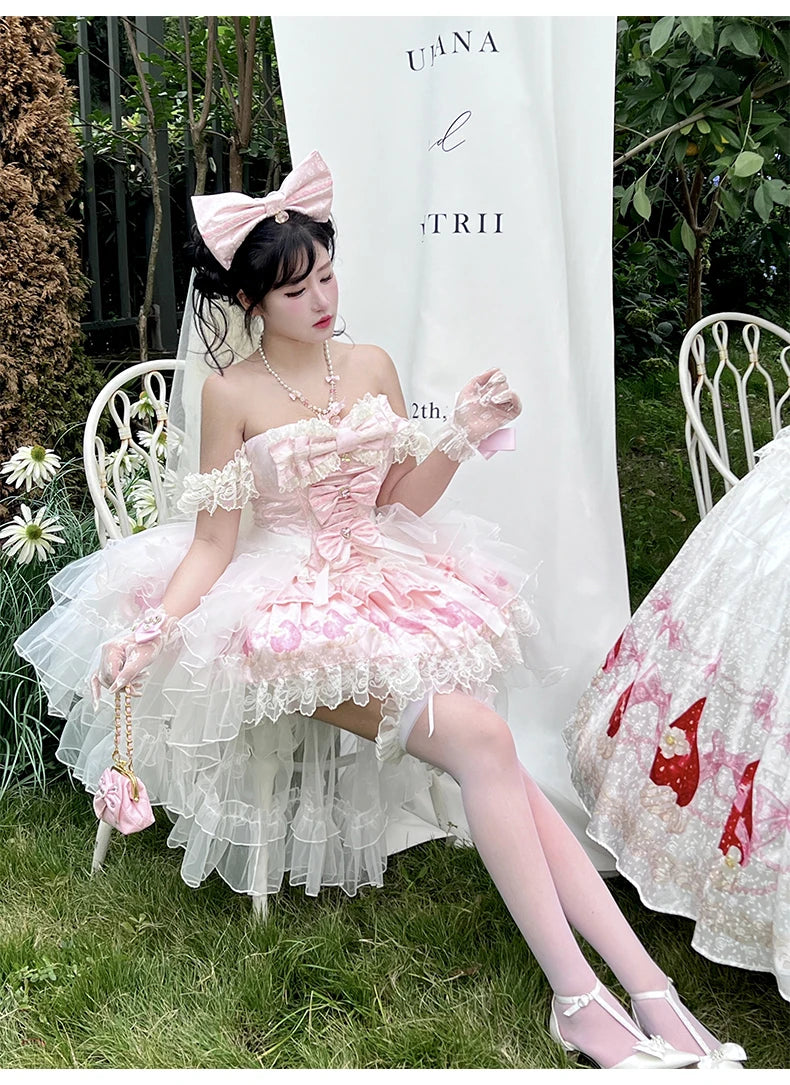 Sweet Princess Style Birthday Anniversary Wedding Dress New Lolita Cute Bow Sexy Strapless Girl Temperament Puffy Lace Dresses