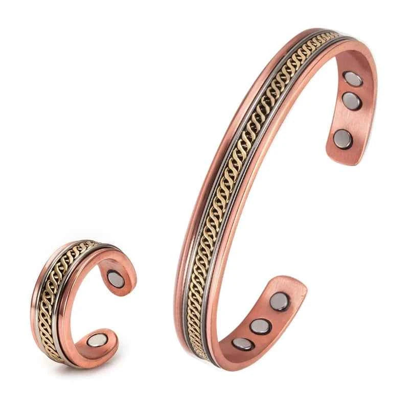 2x Copper Jewelry Set for Women Twisted Open Cuff Bangle Adjustable Copper Magnet Bracelet Ring Arthritis