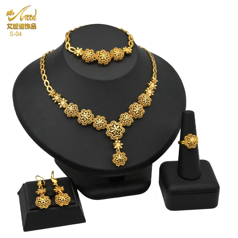 ANIID Dubai Plated Jewelry Set For Women Indian Earring and Necklace Nigeria Moroccan Bridal Accessorie Wedding Bracelet Gifts