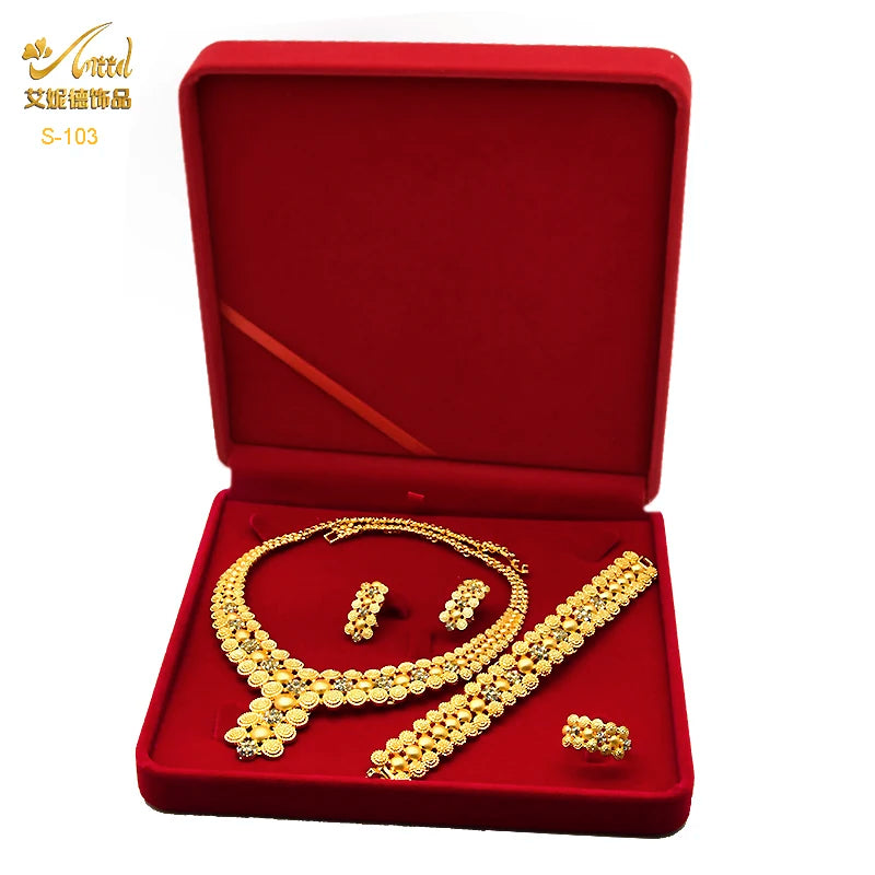 ANIID Dubai Plated Jewelry Set For Women Indian Earring and Necklace Nigeria Moroccan Bridal Accessorie Wedding Bracelet Gifts