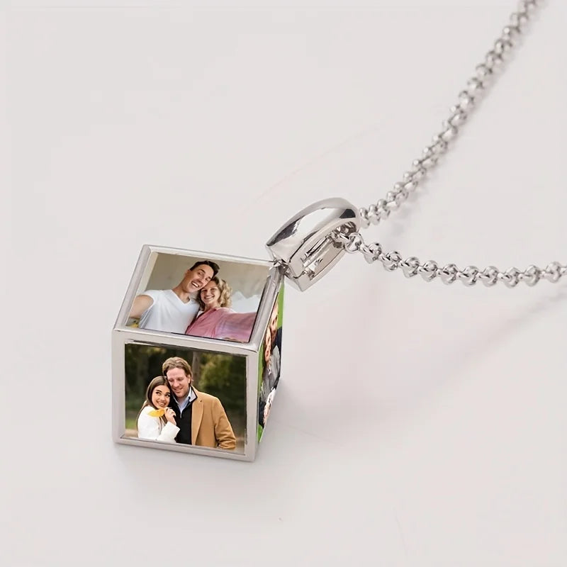 Custom 6 Pictures Fashion 6 faces Cube Necklace Pendant Unique, Gift for Father's Mother's Day Birthday Valentine's Day Wedding