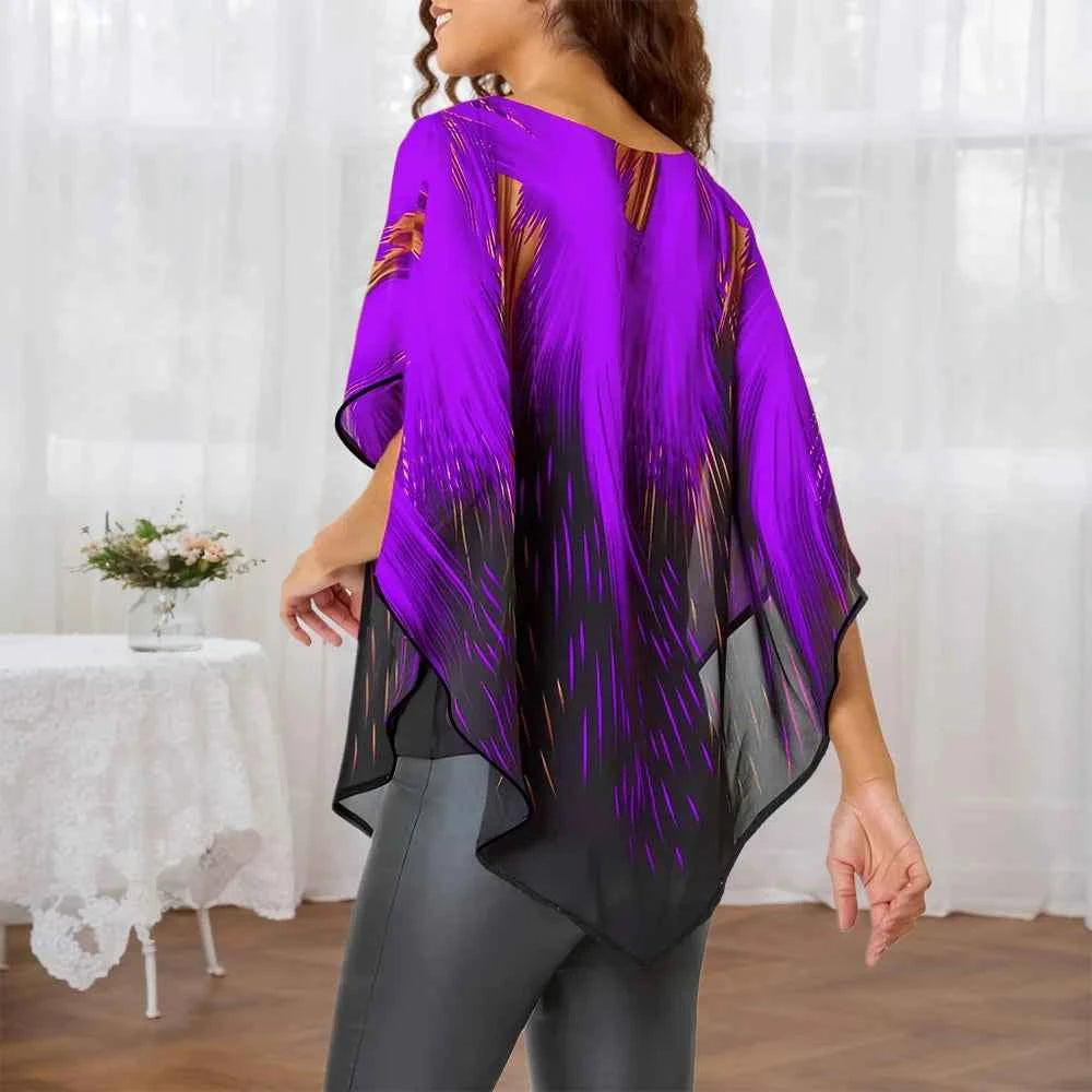 Plus Size Women's Aurora Printed Gauze Cloak Sleeve Blouse Tunic Tops Ladies Summer Casual Loose T Shirts Tee XL 2XL 3XL 4XL 5XL