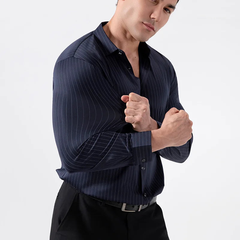 New Stylish Men's Striped Shirt Long Sleeve Business Casual High Elasticity Spring Autumn Seamless Easy-care Soft Man Clothing