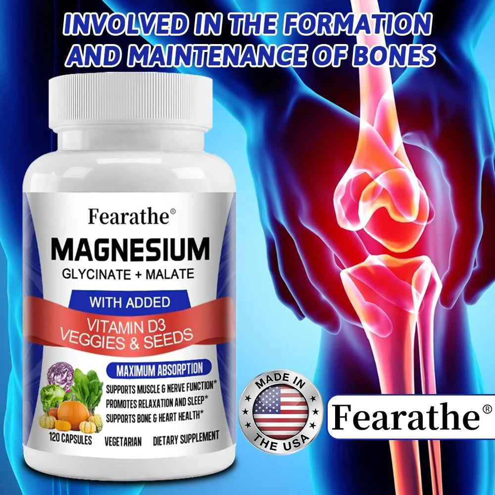 Magnesium Capsules - Magnesium Malate + Glycinate Supplement, Helps Boost Immunity, Promote Heart Health and Strong Bones