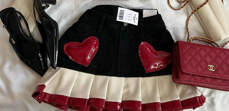 Y2K Women Streetwear Heart Shape Leather Outfit Two Piece Harajuku Gothic Jacket Cropped Denim Patchwork Pleated Mini Skirt Suit - AMULET RING STORE