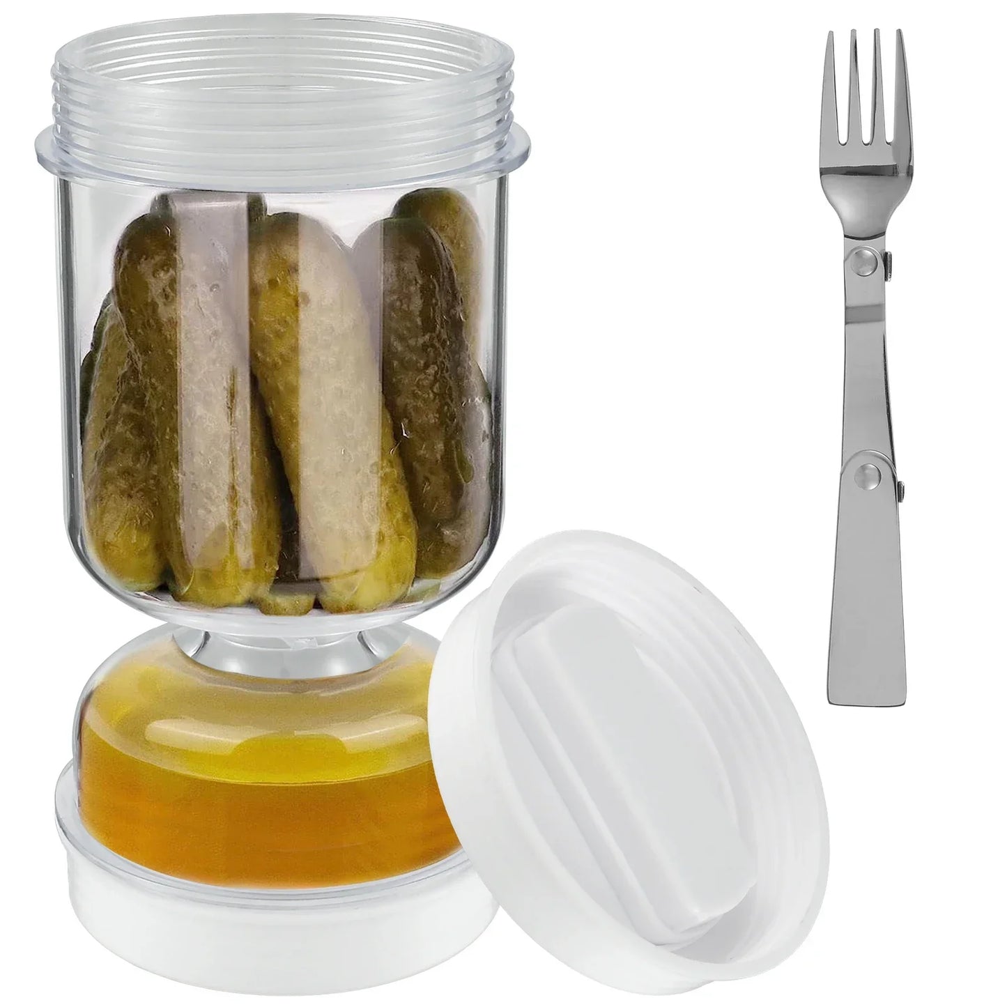 Pickle Container Wet and Dry Separation Pickle Olive Jar with Fork Leakproof Airtight Food Storage Upside Down Pickle Container - AMULET RING STORE