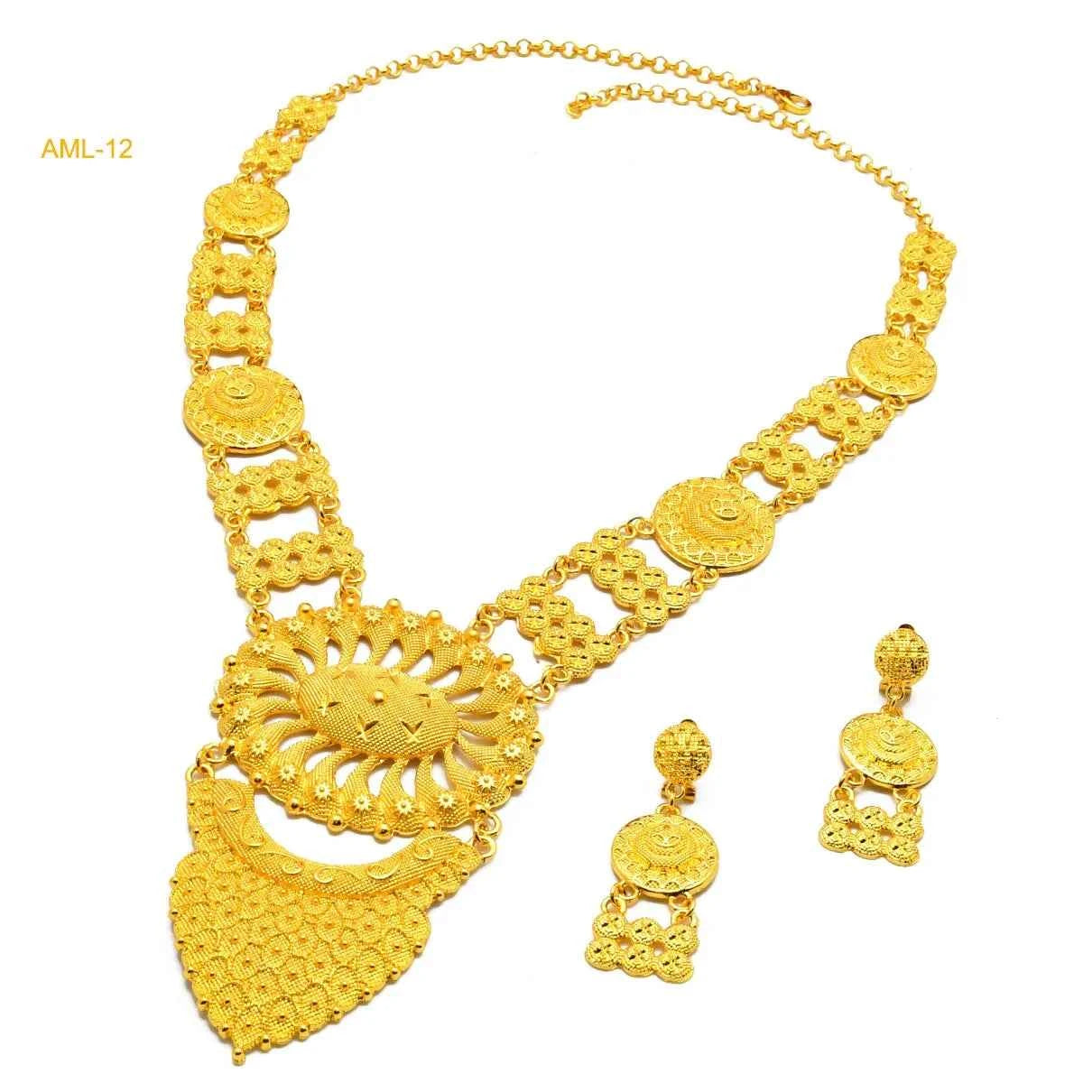 Bridal Indian Necklace Sets 24K Gold Plated Long Pendant For Women Nigeria African Dubai Wedding Earring Jewelry Set Party Gift