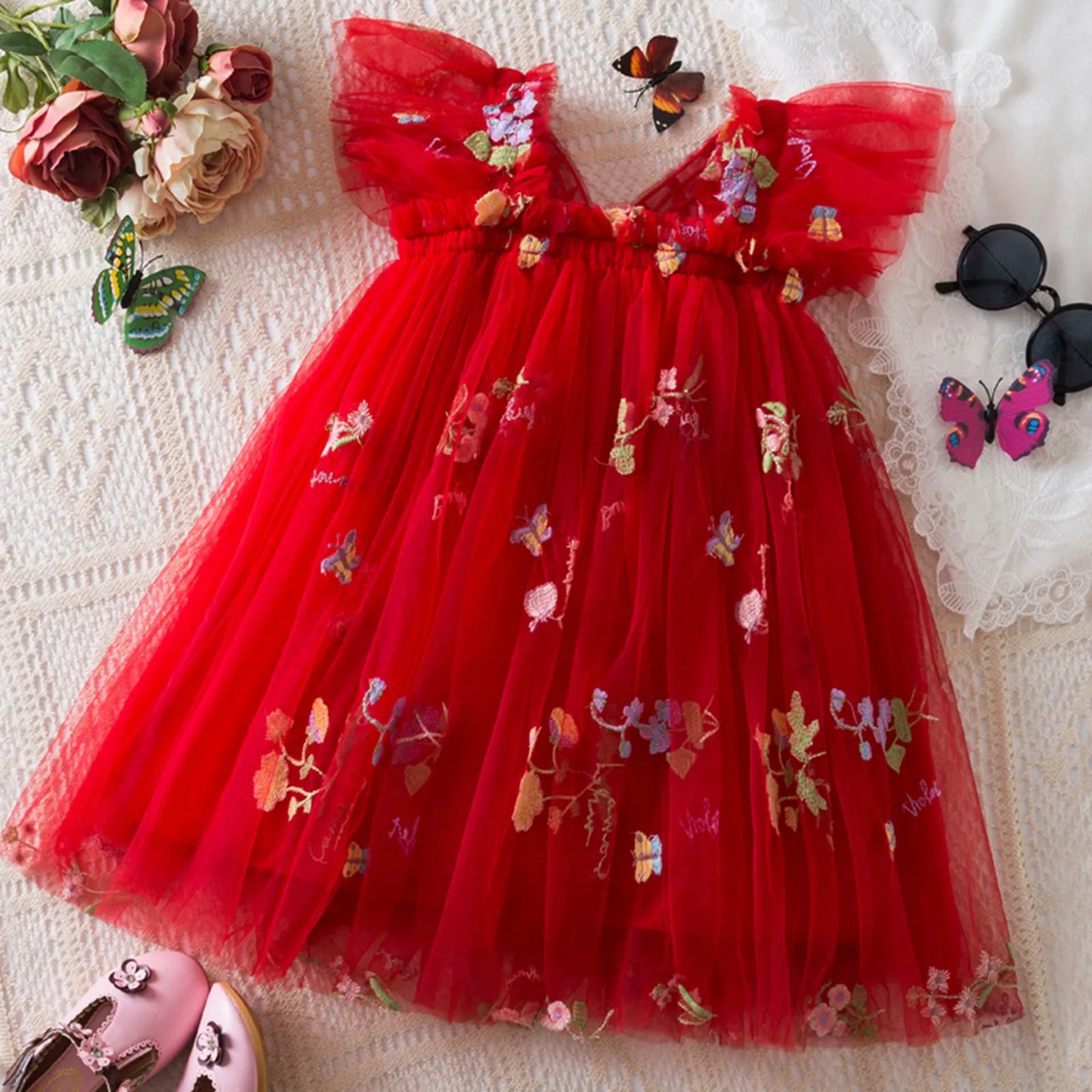 Delicate Party Prom Evening Dress Colorful Flower Embroidery Dresses Fashion Butterfly Princess Dress Birthday Princess Clothes