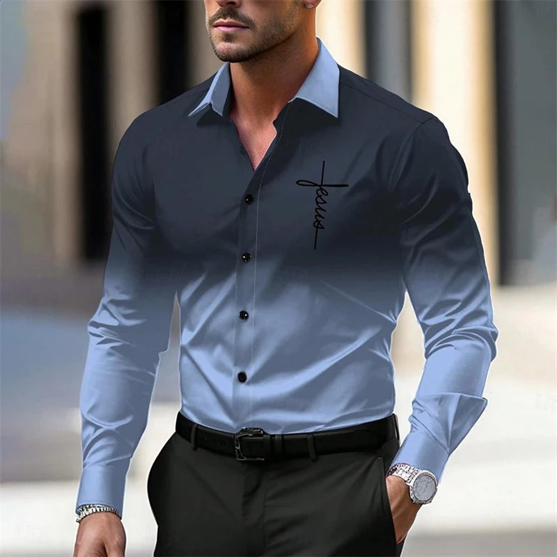 Simple Jesus Pattern Shirts For Men Spring Autumn Fashion 3D Printed Gradient Christian Long Sleeve Shirt Casual Loose Blouse