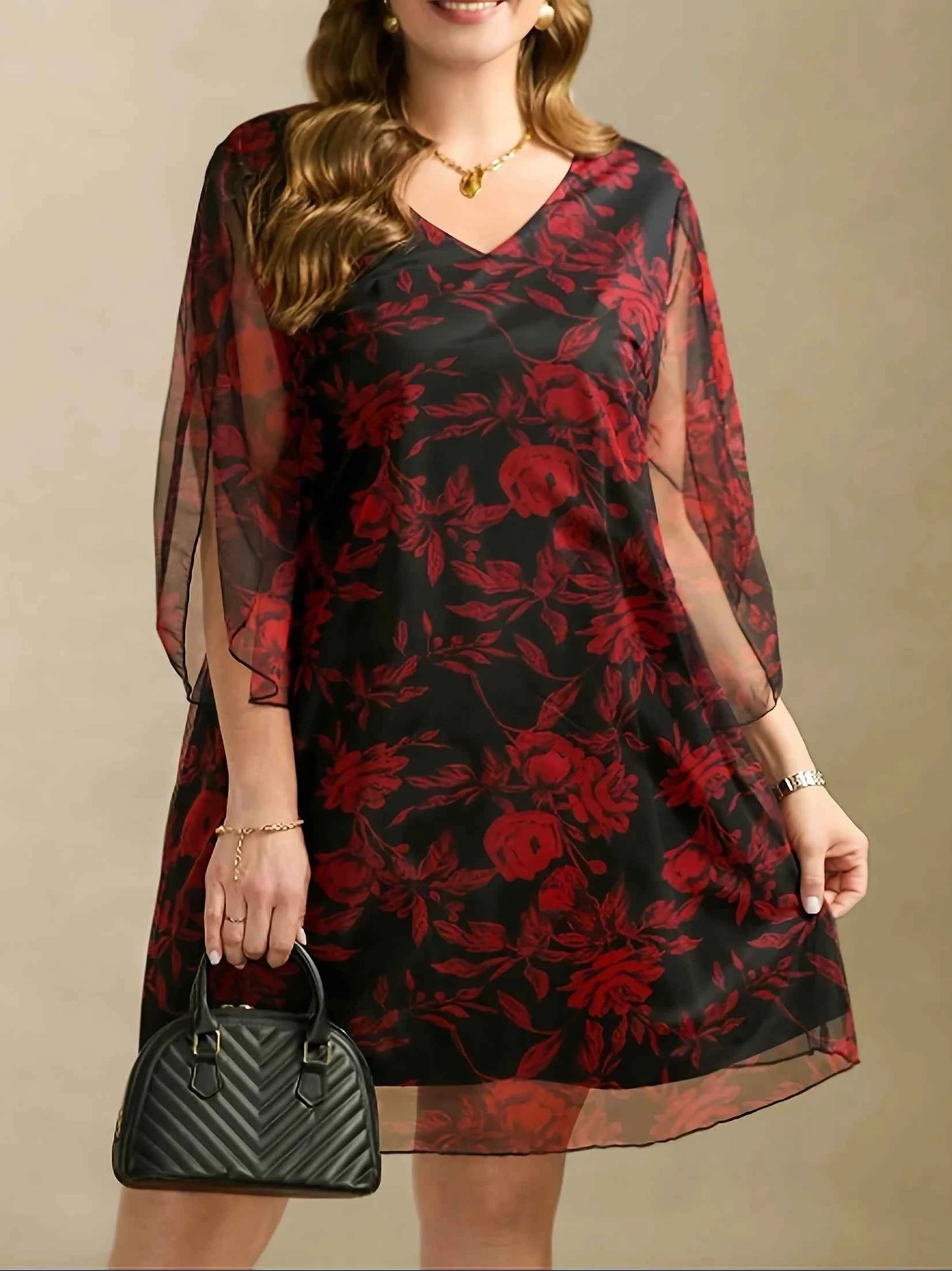 Boho Floral Print Maxi Dress - Layered Mesh V-Neck Plus Size Women's Dress