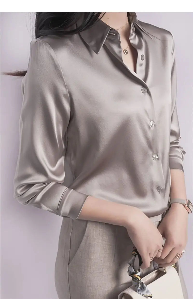 Spring Summer Casual Women's Satin Shirt Lapel Long Sleeve Blouse Loose Solid Color Office Lady Fashion Shirts Top