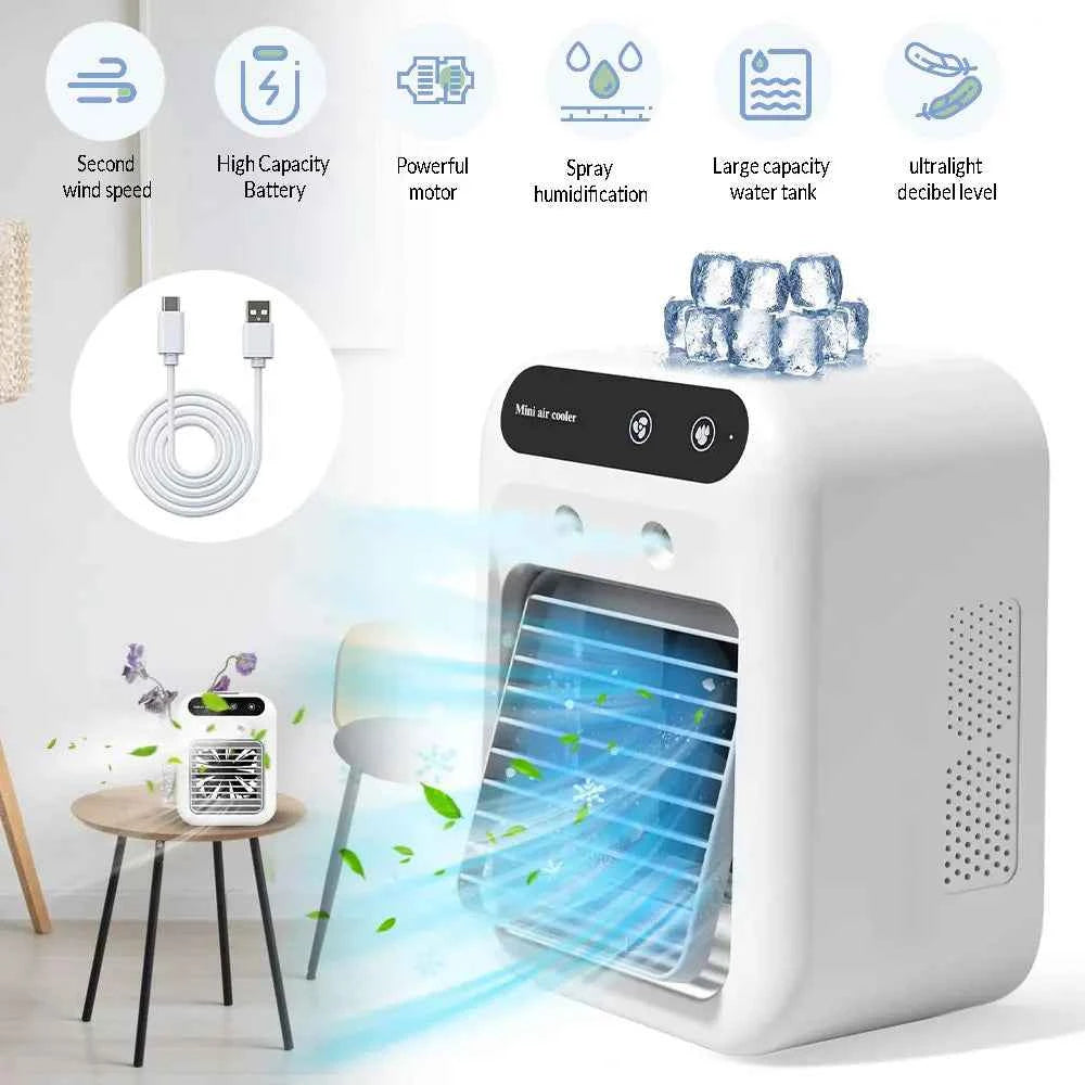 Mini Cold Airconditioner Fan 2-Speed 1800mHA Humidifier Mist Cooler USB Charging 500ml Water Tank Cooler for Home Office Dorm