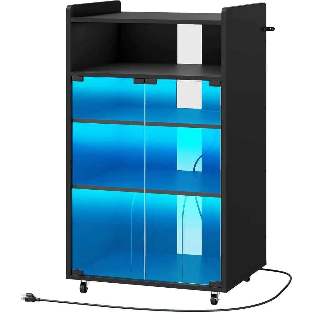 5-Tier Media Cabinet with Charging Station, LED Light, and Glass Door Storage for Audio Stereo Equipment