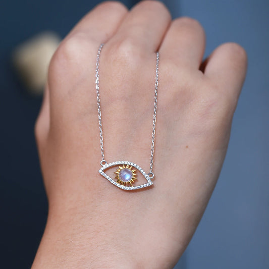 GEM'S BALLET June Birthstone 925 Sterling Silver Hamsa Necklace Milky Blue Moonstone Devil's Eye Pendant Necklace