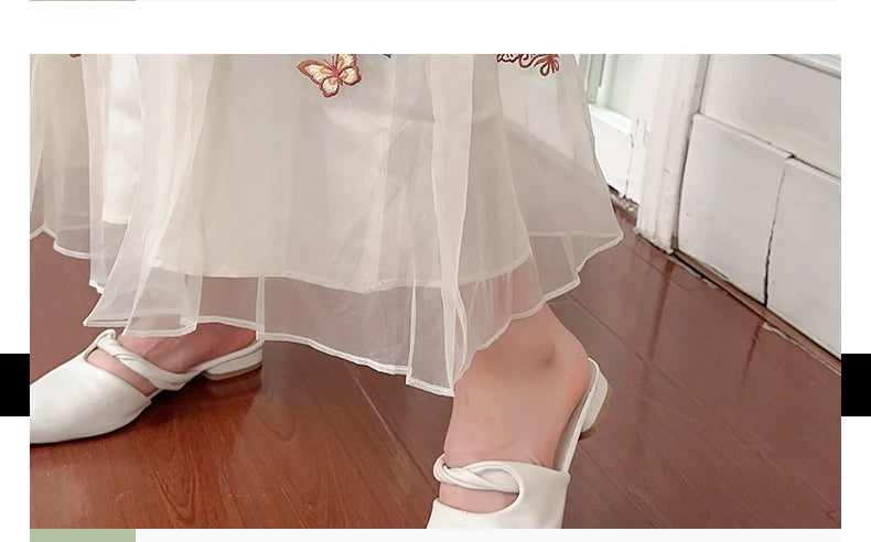 Chinese Style Retro Long Skirt Flowers Embroidered Summer Fairy Skirt Elastic Waist Gauze Skirt Party Lady A-line Skirts