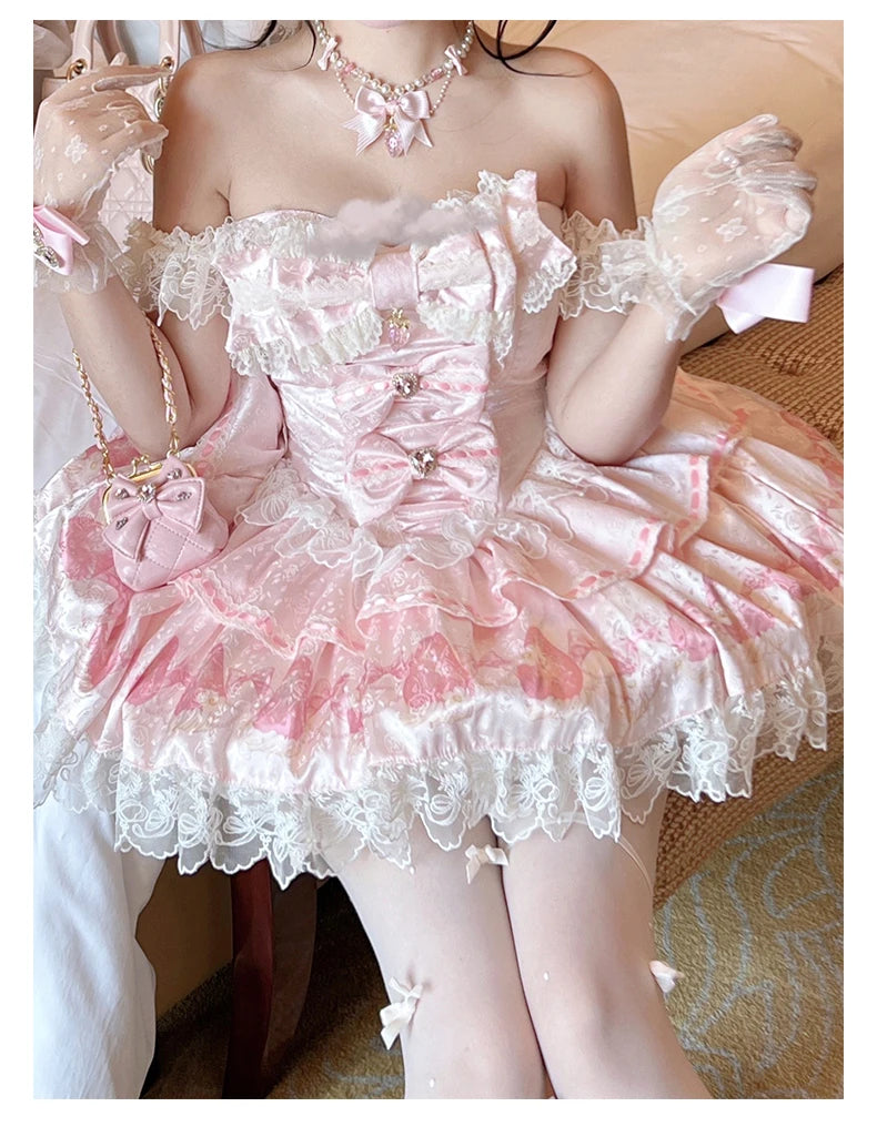 Sweet Princess Style Birthday Anniversary Wedding Dress New Lolita Cute Bow Sexy Strapless Girl Temperament Puffy Lace Dresses