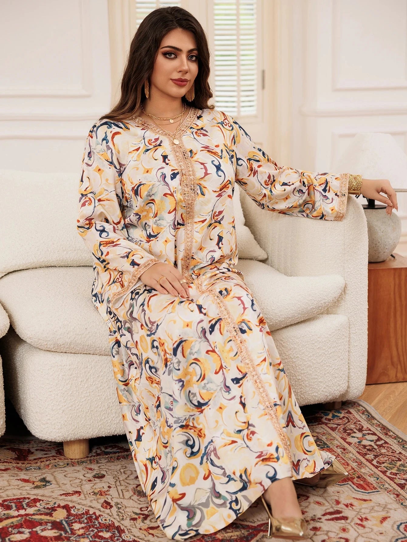 Women's Dress Multicolour Long Sleeve Printed Lace Patchwork Middle East Arabian Resort Style Maxi Dress Maxi Dress Simple - AMULET RING STORE