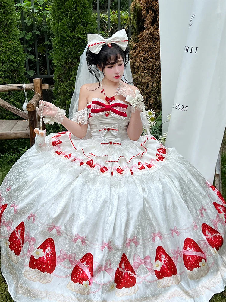 Sweet Princess Style Birthday Anniversary Wedding Dress New Lolita Cute Bow Sexy Strapless Girl Temperament Puffy Lace Dresses