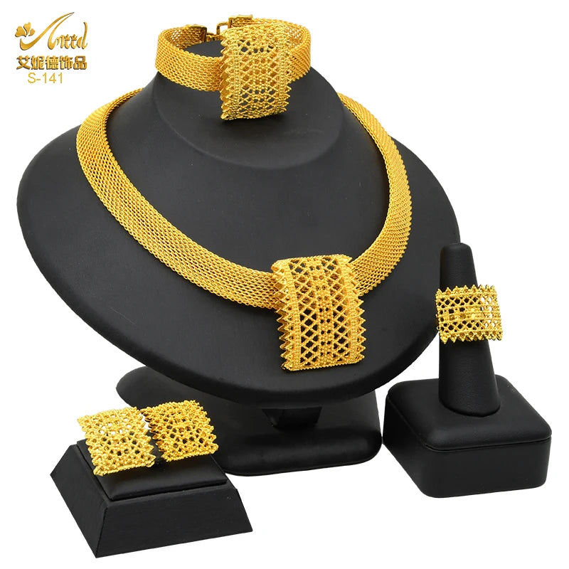 ANIID Dubai Plated Jewelry Set For Women Indian Earring and Necklace Nigeria Moroccan Bridal Accessorie Wedding Bracelet Gifts