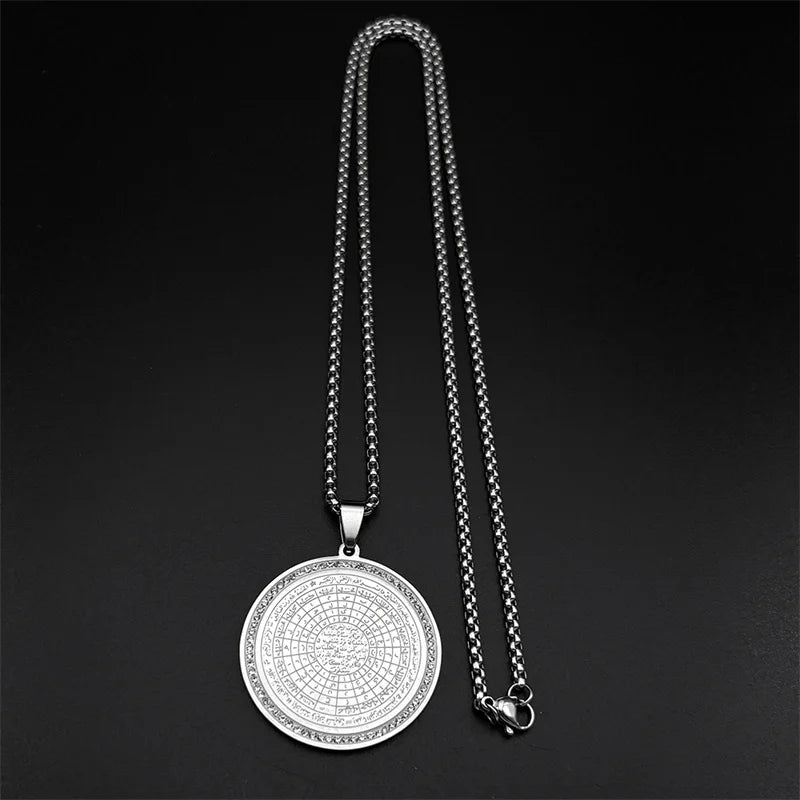 Muslim Arabic Quran Round Medal Pendant Necklace for Men Women Stainless Steel Gold Color Islamic Amulet Male Chain Jewelry