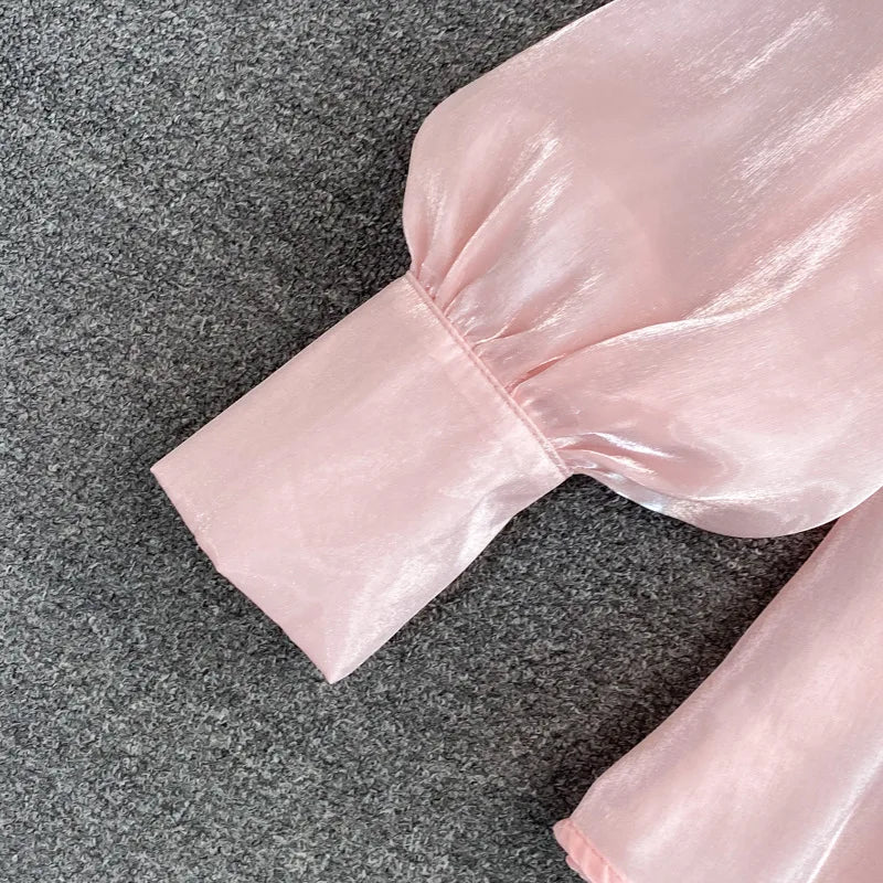 Spring Women's New Harajuku Tops V-neck Solid Color Bowknot Lantern Sleeves Loose Fashion Elegant Mesh Temperament Ladies Shirt