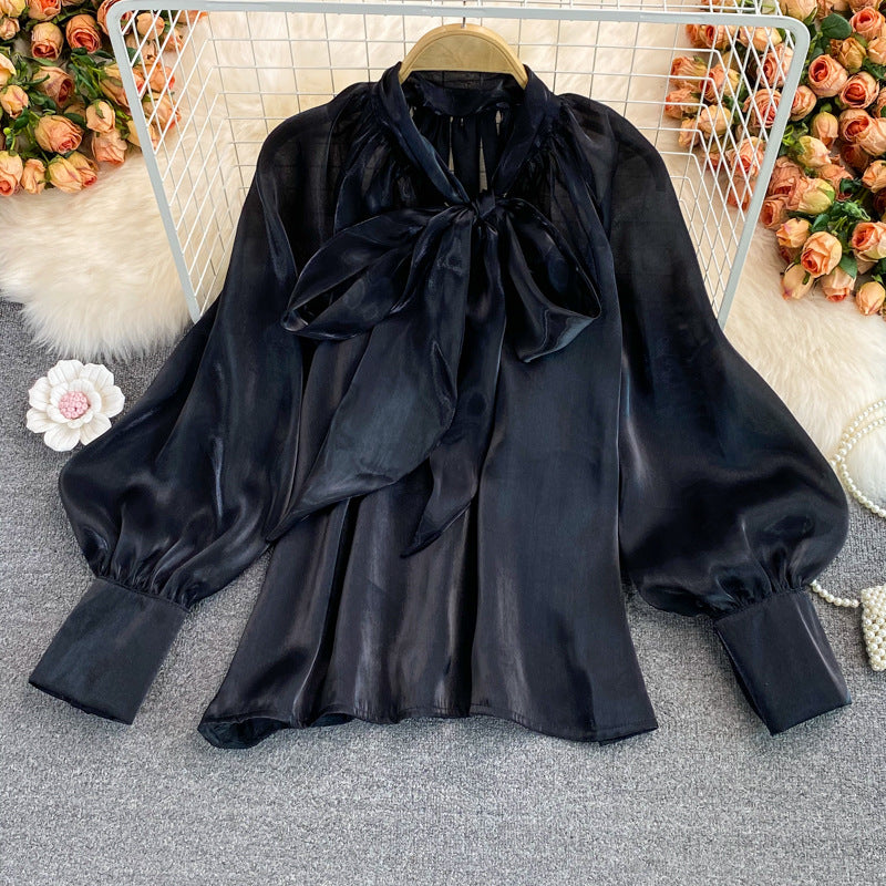 Spring Women's New Harajuku Tops V-neck Solid Color Bowknot Lantern Sleeves Loose Fashion Elegant Mesh Temperament Ladies Shirt