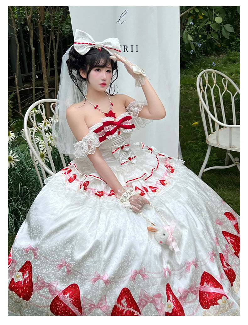 Sweet Princess Style Birthday Anniversary Wedding Dress New Lolita Cute Bow Sexy Strapless Girl Temperament Puffy Lace Dresses