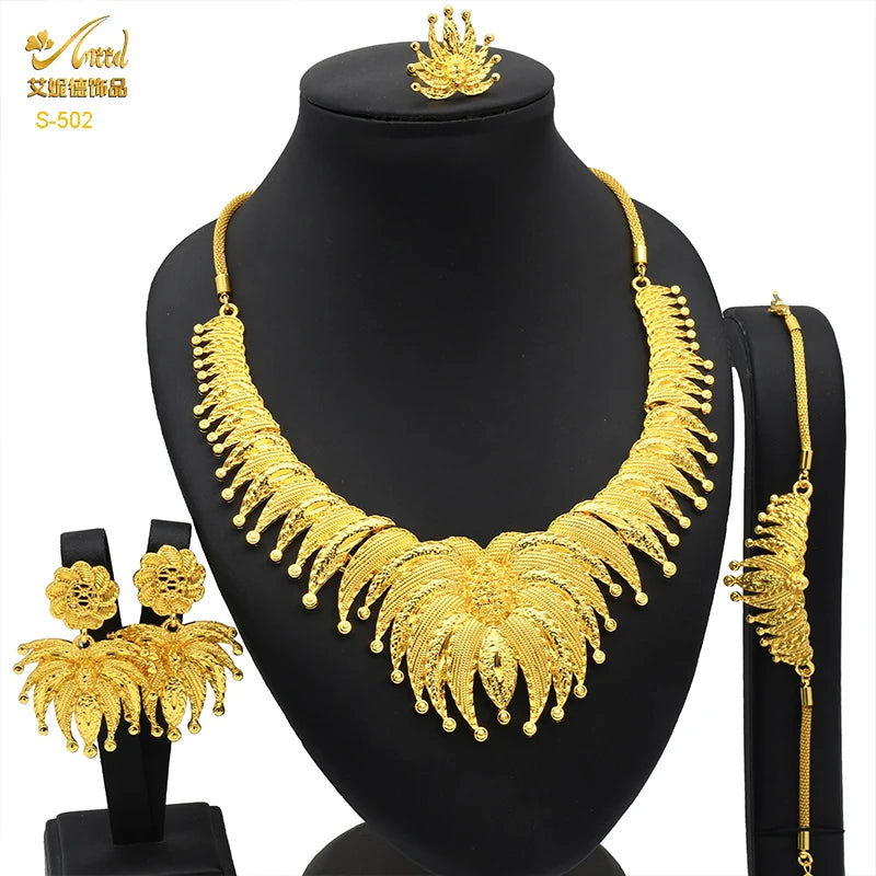 ANIID Dubai Plated Jewelry Set For Women Indian Earring and Necklace Nigeria Moroccan Bridal Accessorie Wedding Bracelet Gifts