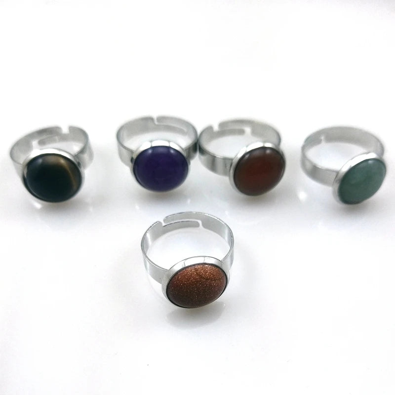 New Style Round Natural Stone Rings Adjustable Size 50pcs/lot Mixed Color