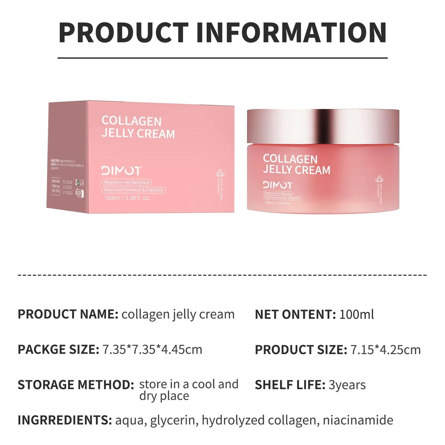 DIMOT Collagen Jelly Cream Niacinamide Tightening Soothing Moisturizing Anti-Aging Firmness Hydration Skincare Face Gel 100ml