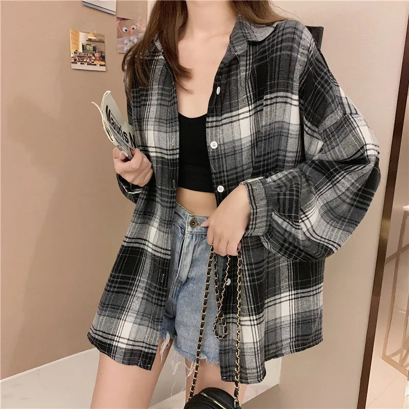 Plaid Shirt Women Spring Long Sleeve Top Female Vintage OL Fashion Single Breasted Blouse Ladies Preppy Style Loose Check Shirts