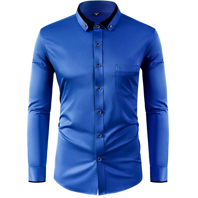 4XL Stand Up Collar Long Sleeve Shirt for Men Social Camisa Anti-wrinkle Pockets with Diamond Button Down White Shirt Black Blue