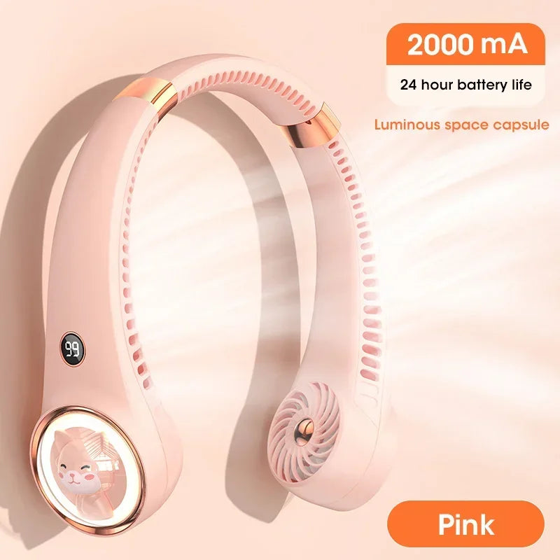 Bladeless Neck Fan 2000mAh USB Rechargeable Digital Display Cute Cat Hanging Mini for Travel Office