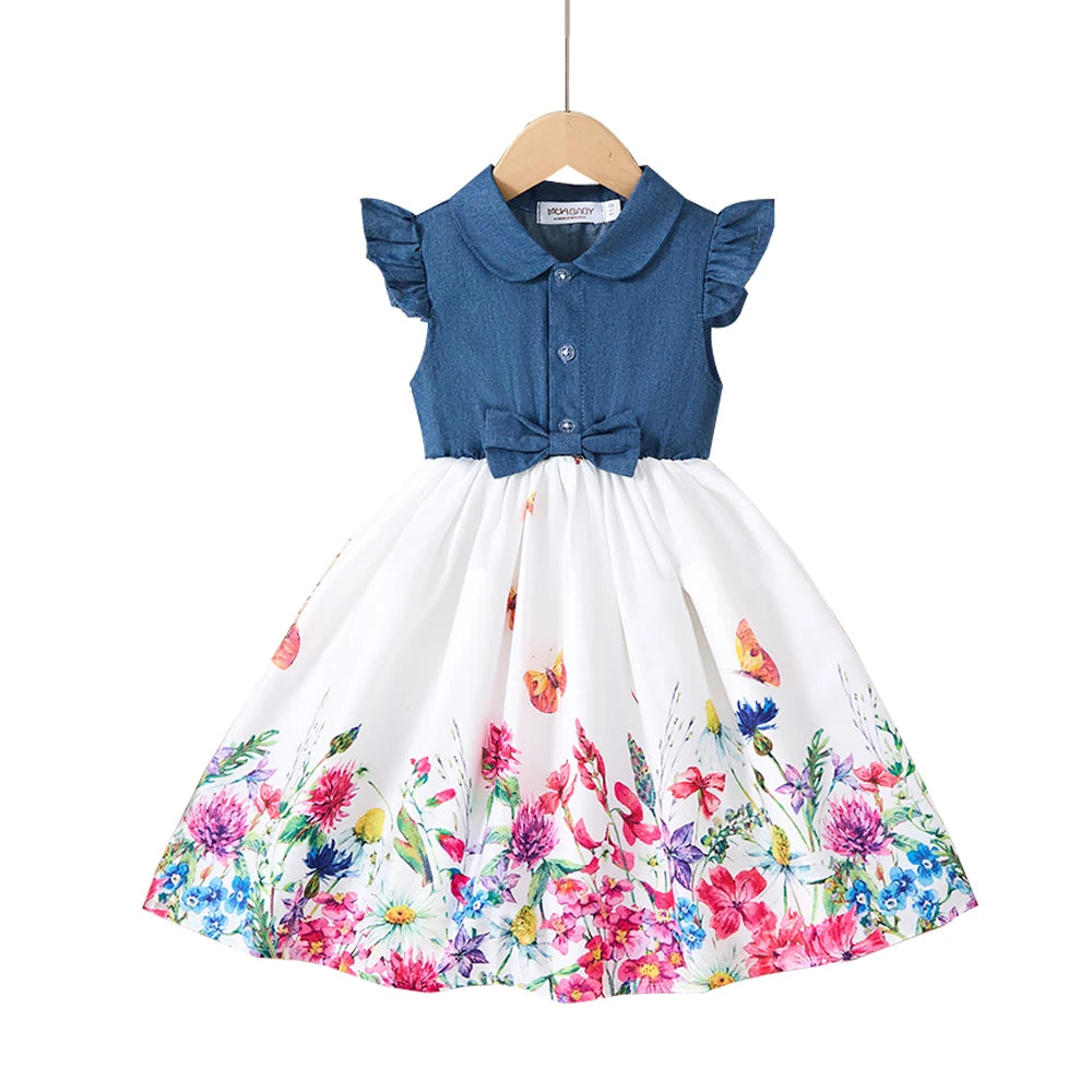 New Kids Girl Dress Summer Floral with Bow Fashion White Vestidos Short Sleeve Children Clothing Outfits Casual Printed Dresses
