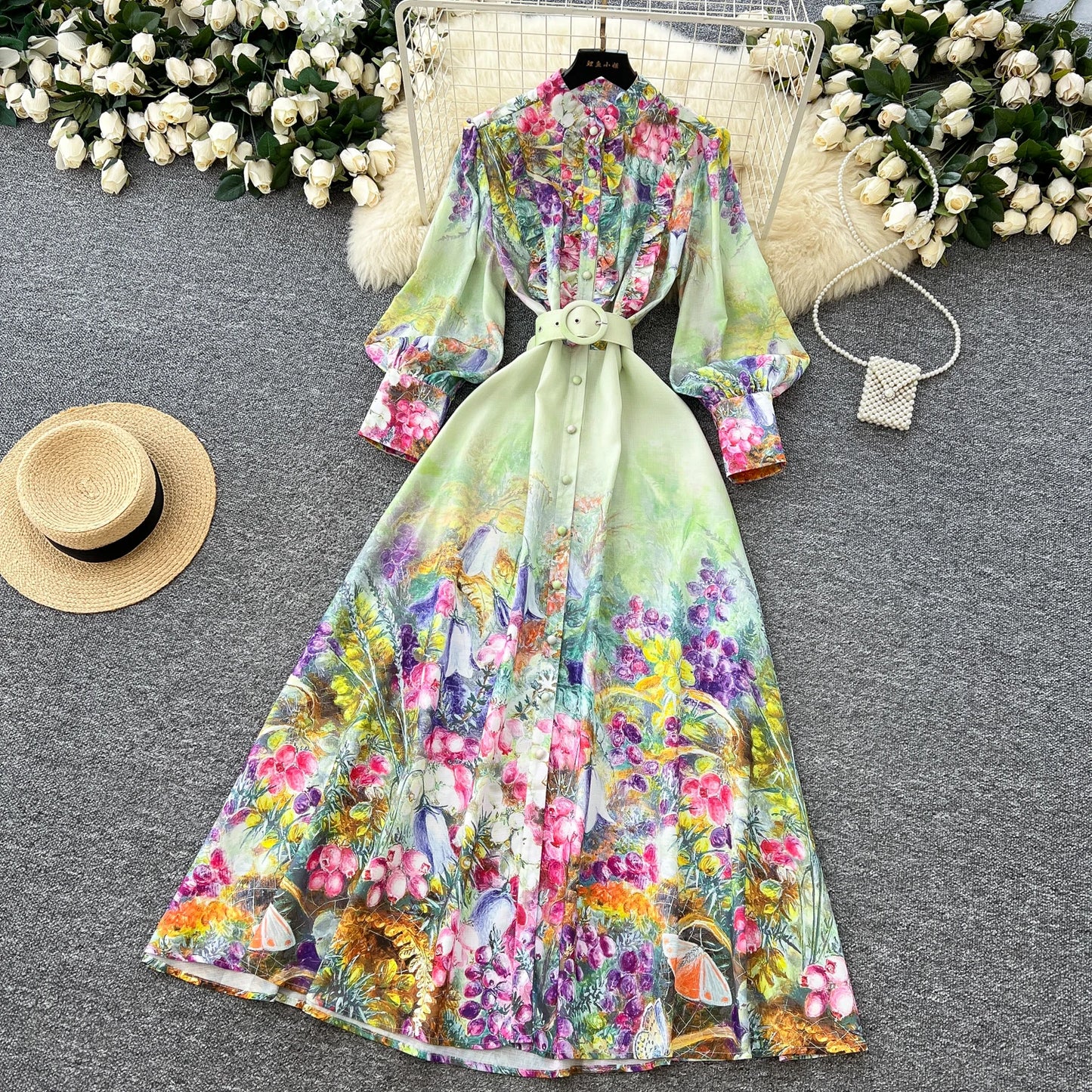 Autumn Vintage Flower Maxi Dress Women's Lantern Long Sleeve Stand Single-Breasted A-Line Flower Printed Ruffles Robe Vestidos