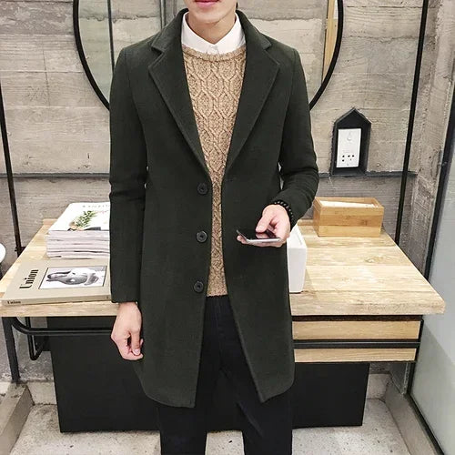 Men Long Cotton Coat 2024 Autumn Winter New Wool Blend Pure Color Casual Business Fashion Slim Windbreaker Jacket Men Clothing