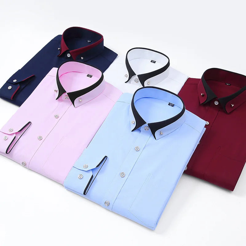 4XL Stand Up Collar Long Sleeve Shirt for Men Social Camisa Anti-wrinkle Pockets with Diamond Button Down White Shirt Black Blue