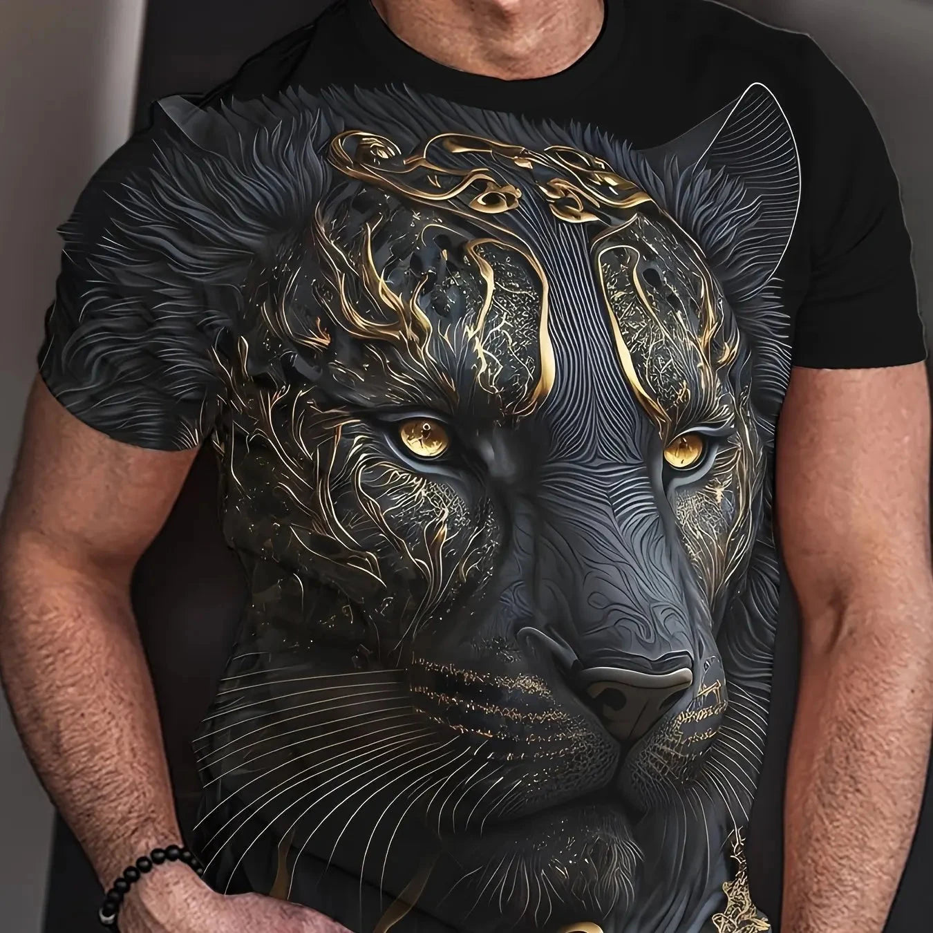 Summer men's 3D lion and tiger pattern T-shirt, casual micro elastic breathable T-shirt, suitable for outdoor jogging wear - AMULET RING STORE