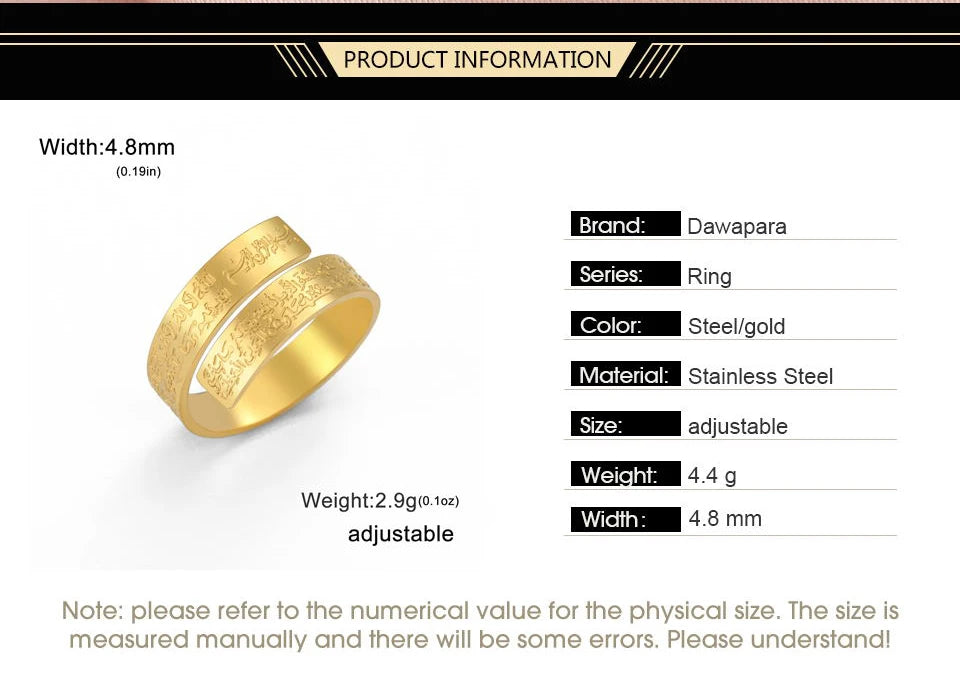 Dawapara Ayatul Kursi Stainless Steel Ring Adjustable Quran Arabian Calligraphy Eid al Adha Muhammad Blessing Muslim Jewelry