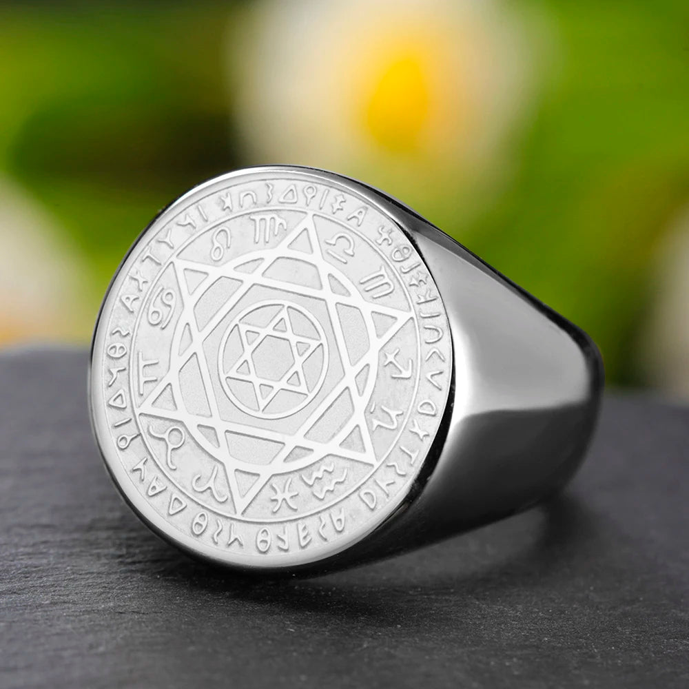 Dawapara Talisman Seal Solomon Ring Hexagram 12 Constellation Kabbalah Prosperity Good Health Amulet Stainless Steel Jewelry - AMULET RING STORE