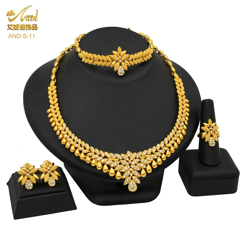 ANIID Dubai Plated Jewelry Set For Women Indian Earring and Necklace Nigeria Moroccan Bridal Accessorie Wedding Bracelet Gifts