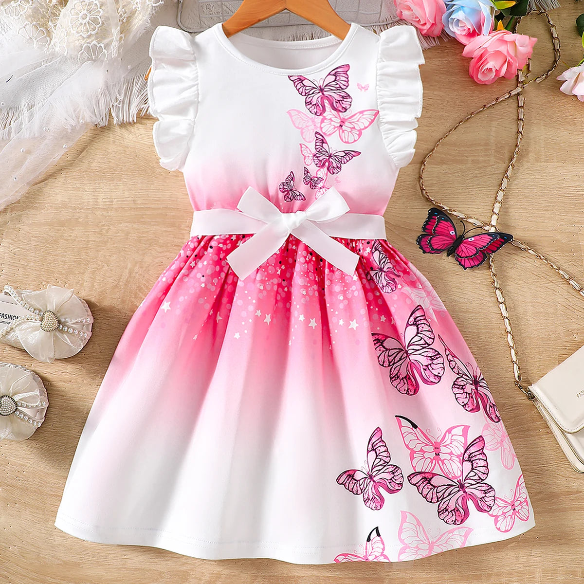 Girls Spring Summer Knitted Casual Fashion Round Neck Fly Sleeve Ruffle Butterfly Dresses