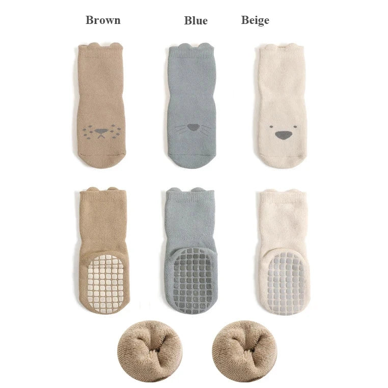 3 Pairs Winter Warm Newborn Baby Girls And Boys Anti-Slip Socks Toddler Cute Cartoon Floor Wearing Accessories - AMULET RING STORE