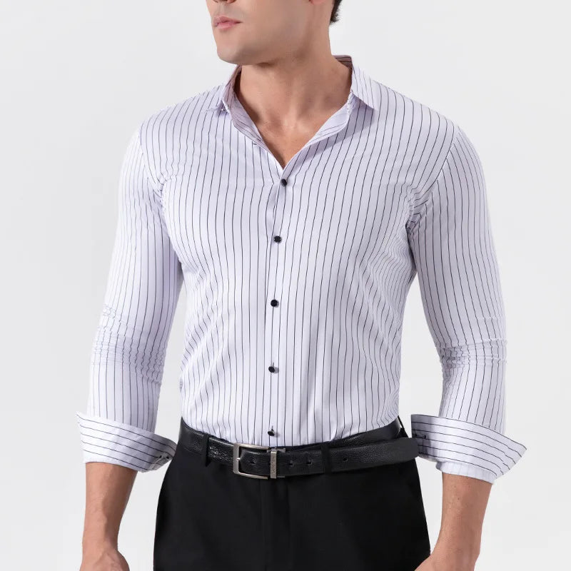 New Stylish Men's Striped Shirt Long Sleeve Business Casual High Elasticity Spring Autumn Seamless Easy-care Soft Man Clothing